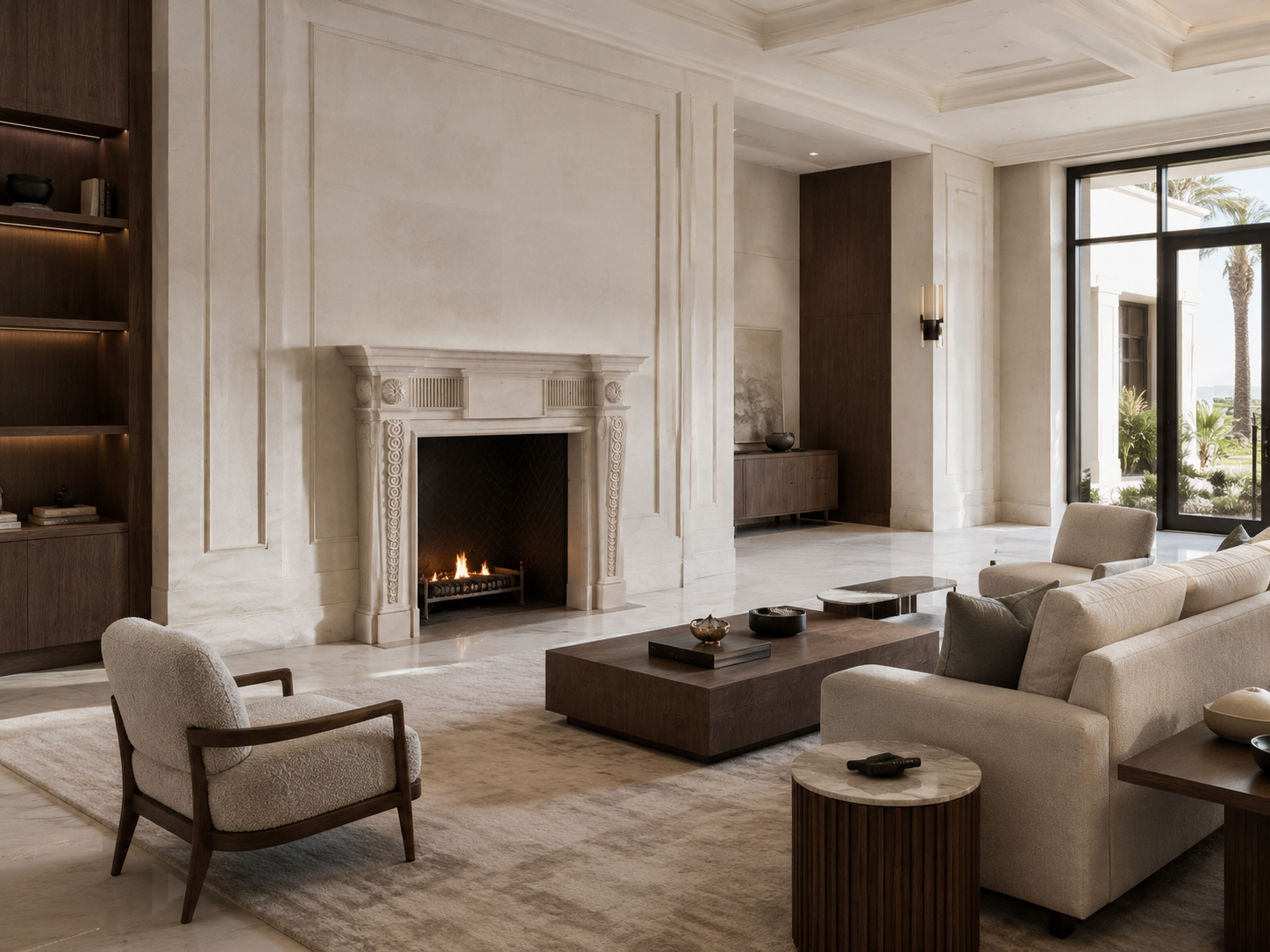 Noor pale marble fireplace mantel by 1-OPH, in a Dubai interior