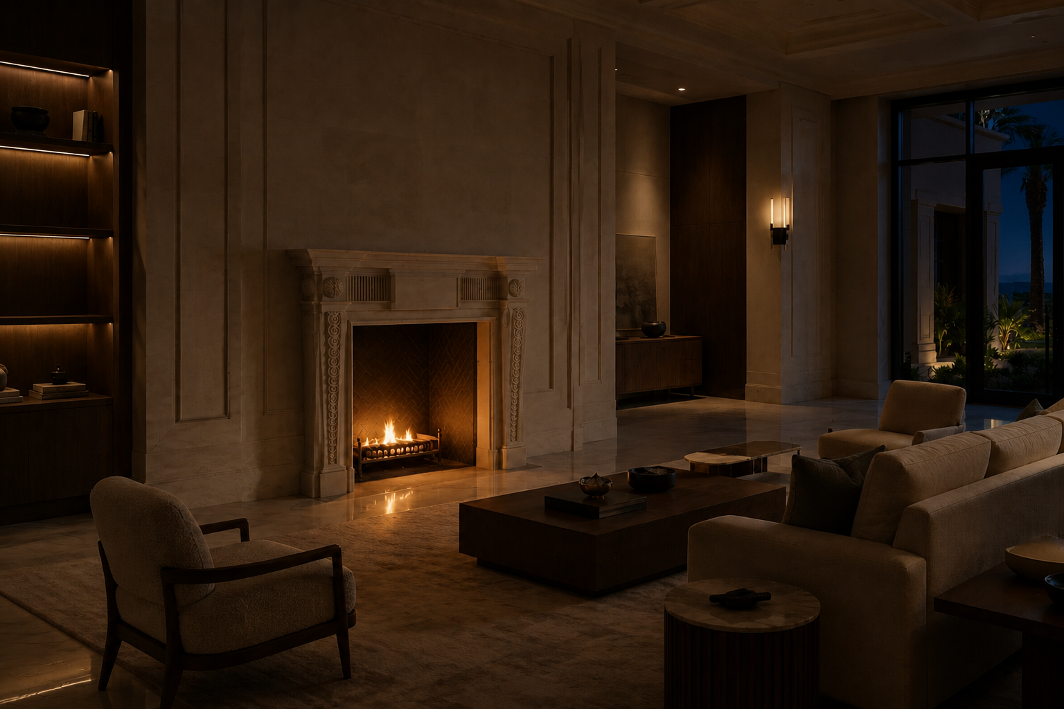 Noor pale marble fireplace mantel by 1-OPH, lit at night