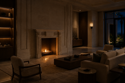 Noor pale marble fireplace mantel by 1-OPH, lit at night