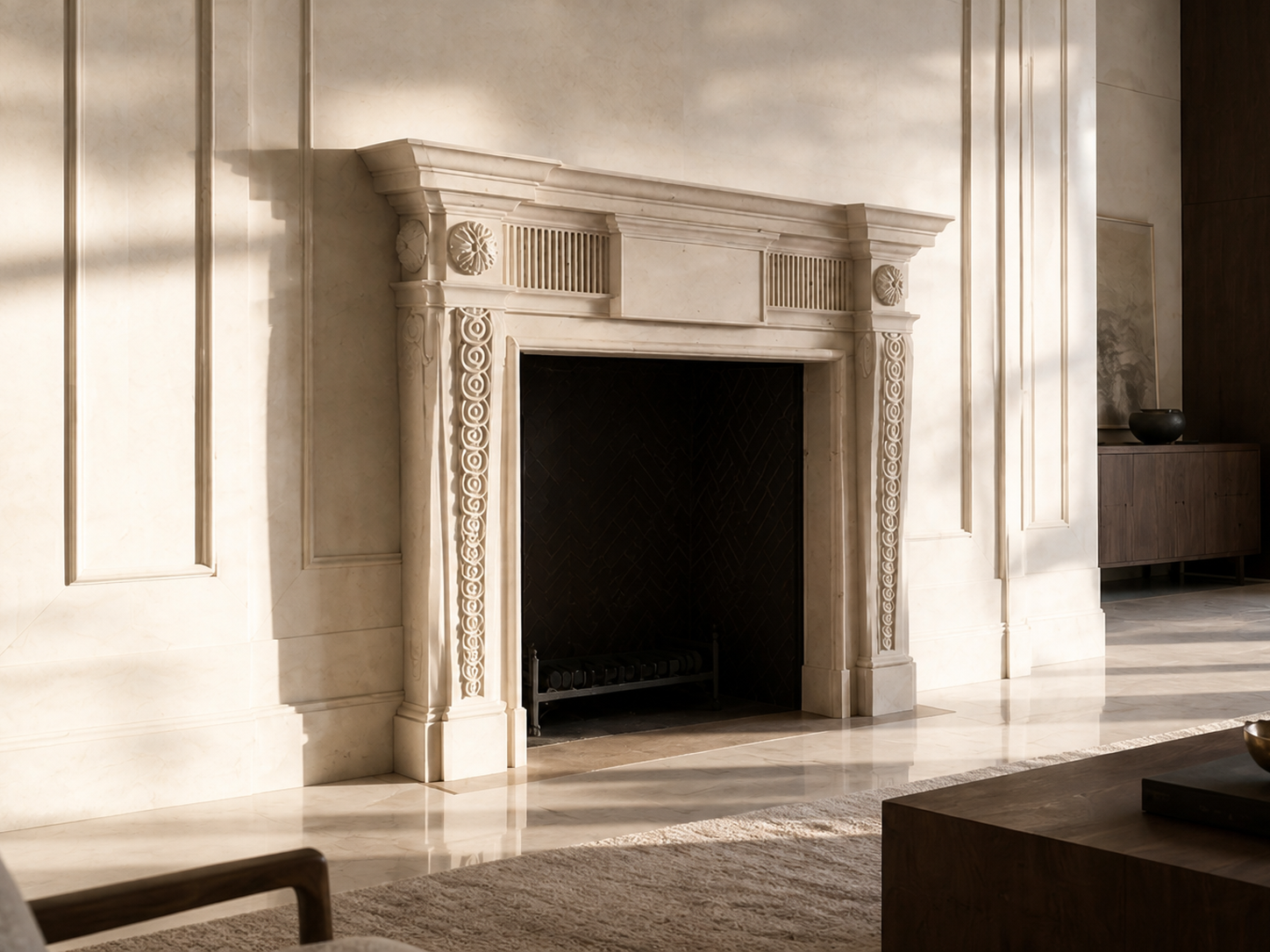 Noor pale marble fireplace mantel by 1-OPH, carved detail