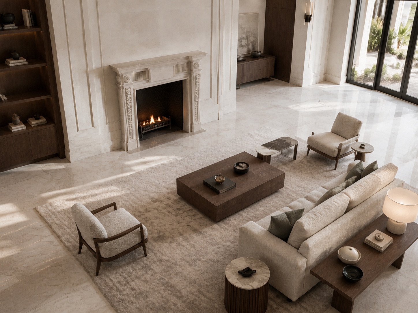 Noor pale marble fireplace mantel by 1-OPH, seen from above