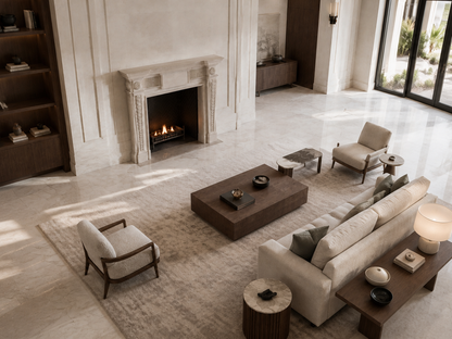 Noor pale marble fireplace mantel by 1-OPH, seen from above