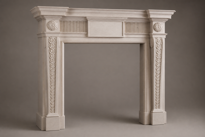Noor pale marble fireplace mantel by 1-OPH, studio view