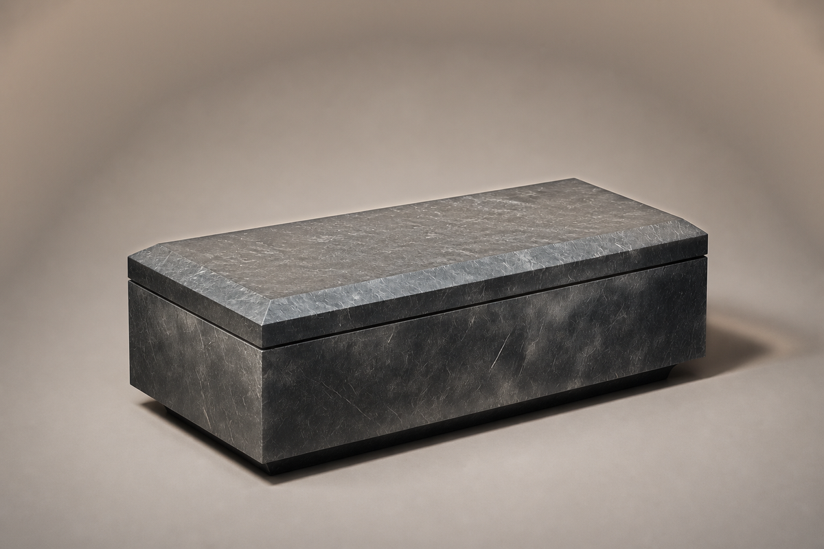 Chamfered Block Base Long black marble plinth base by 1-OPH, three-quarter studio view