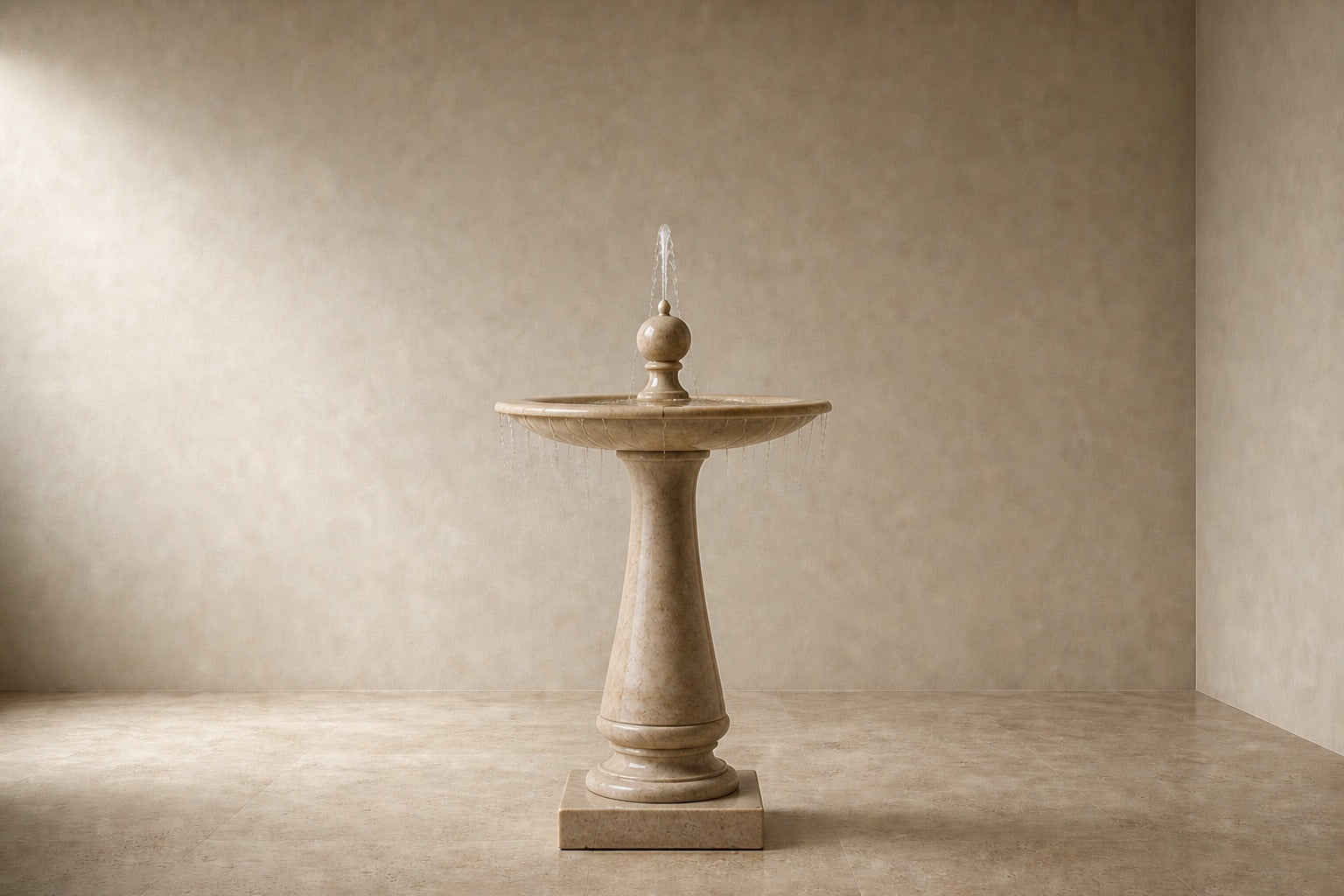 Pale limestone pedestal fountain Chiara Ø65, warm cream with fine fossil speckle, on a pale stone floor.