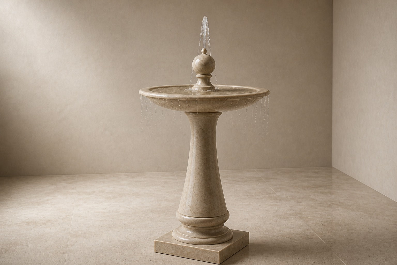 Pale limestone pedestal fountain Chiara Ø65, warm cream with fine fossil speckle, on a pale stone floor.