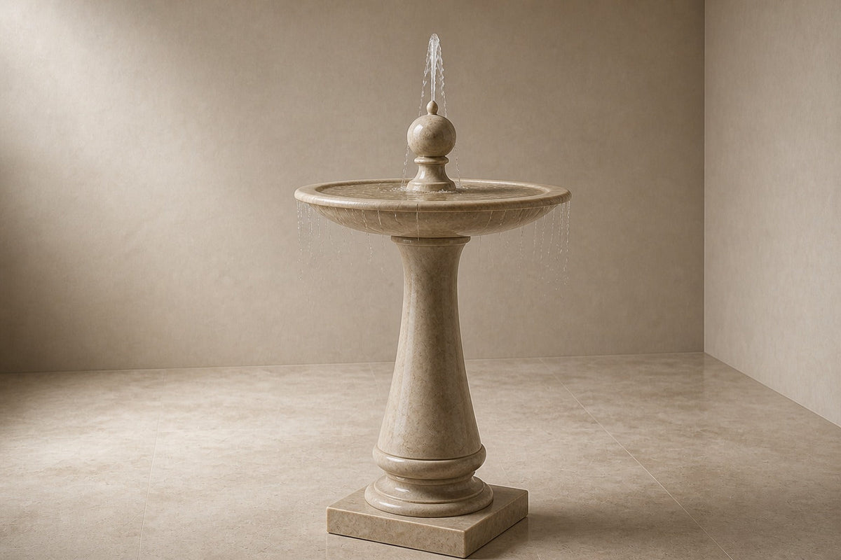 Chiara Ø65 limestone pedestal fountain, three-quarter studio view showing its profile and base