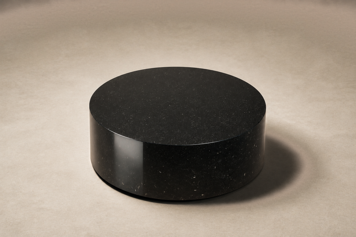 Circular Drum Base black marble plinth base by 1-OPH, three-quarter studio view