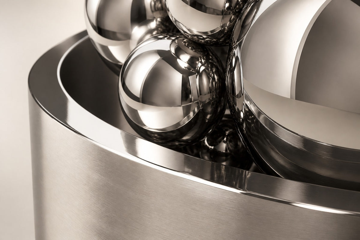 Cirrus — mirror-dome wall fountain, close detail of the surface and edge