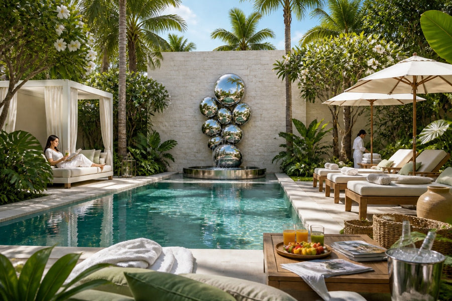 Cirrus — mirror-dome wall fountain, installed on the wall in a furnished setting