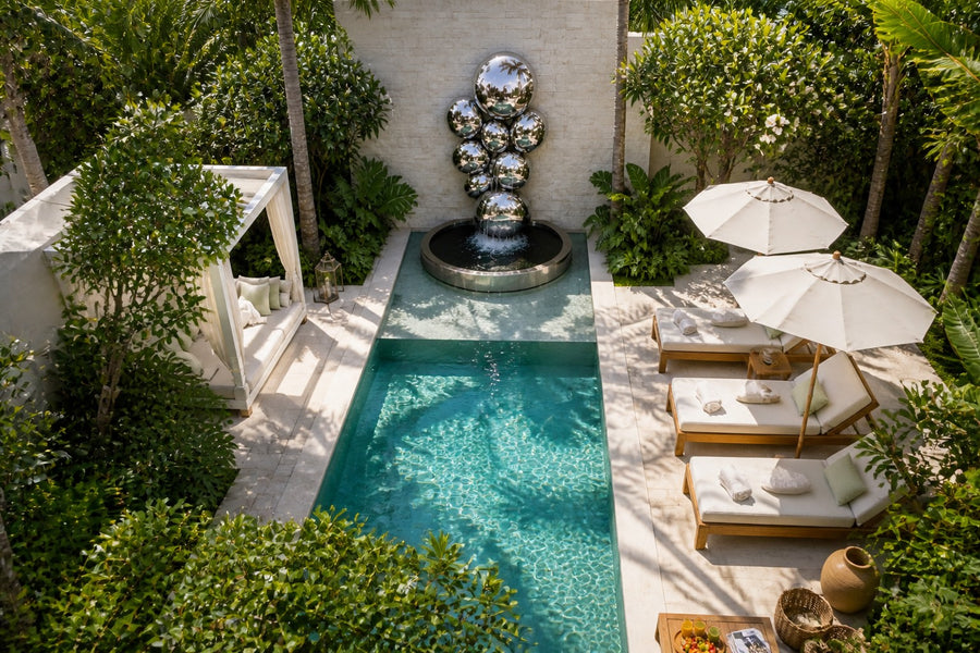 Cirrus — mirror-dome wall fountain, seen from above in the setting