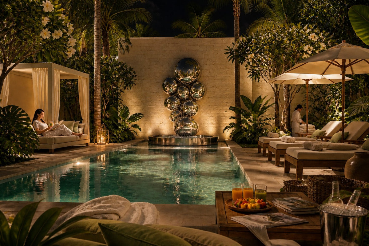 Cirrus — mirror-dome wall fountain, the same setting at night, water lit