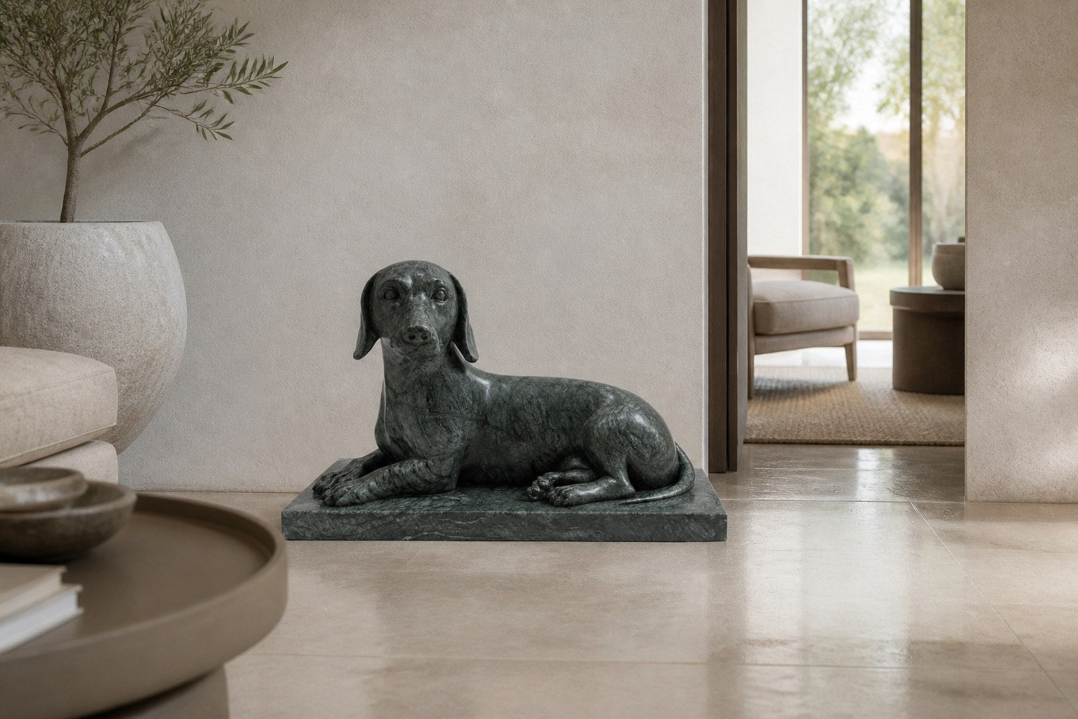Deep green marble sculpture Collado, a reclining figure carved with its slab base from one block of veined green stone.