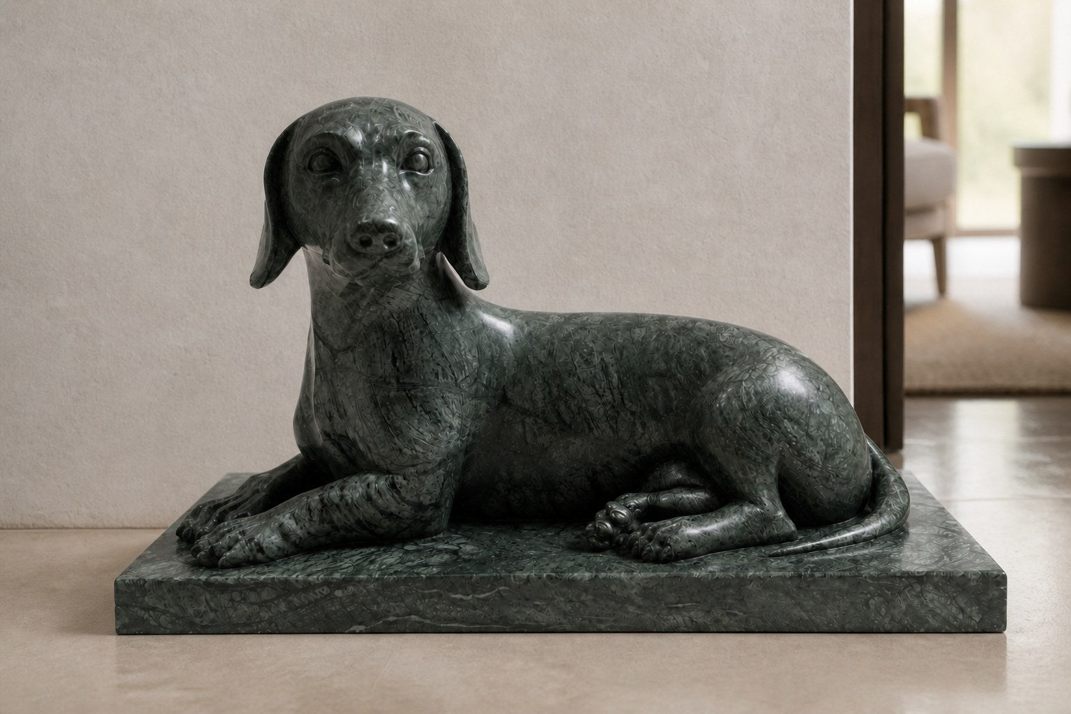 Deep green marble sculpture Collado, a reclining figure carved with its slab base from one block of veined green stone.