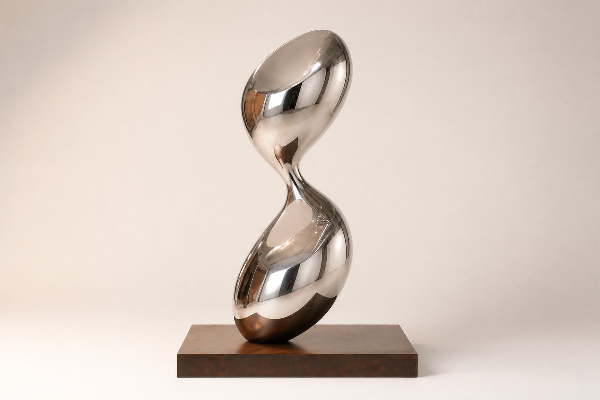 CONTINUUM stainless steel sculpture, studio view of the whole piece