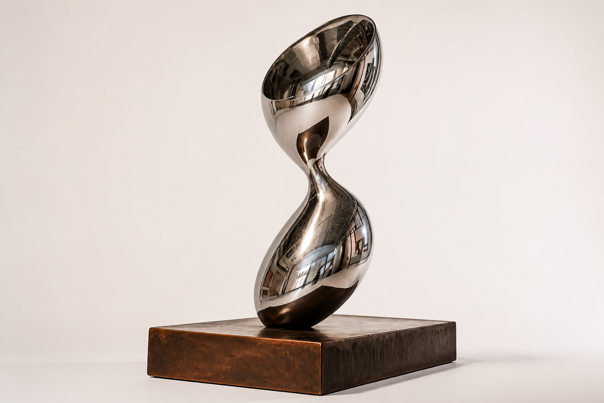 CONTINUUM stainless steel sculpture, three-quarter studio view showing its profile
