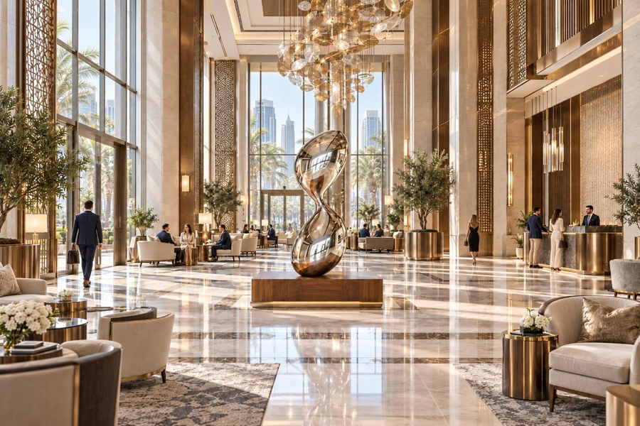 CONTINUUM stainless steel sculpture, shown in a room setting, at full scale