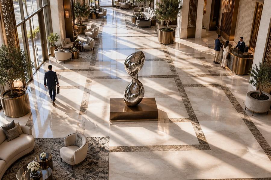CONTINUUM stainless steel sculpture, overhead view in a room setting