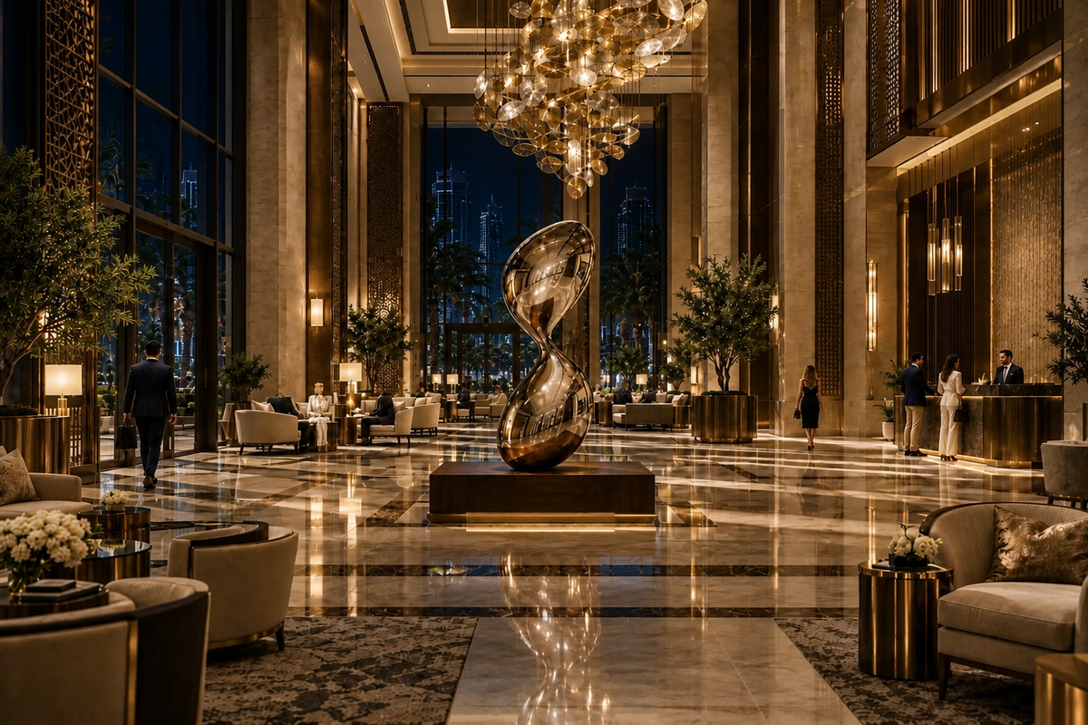 CONTINUUM stainless steel sculpture, in a room setting under evening light
