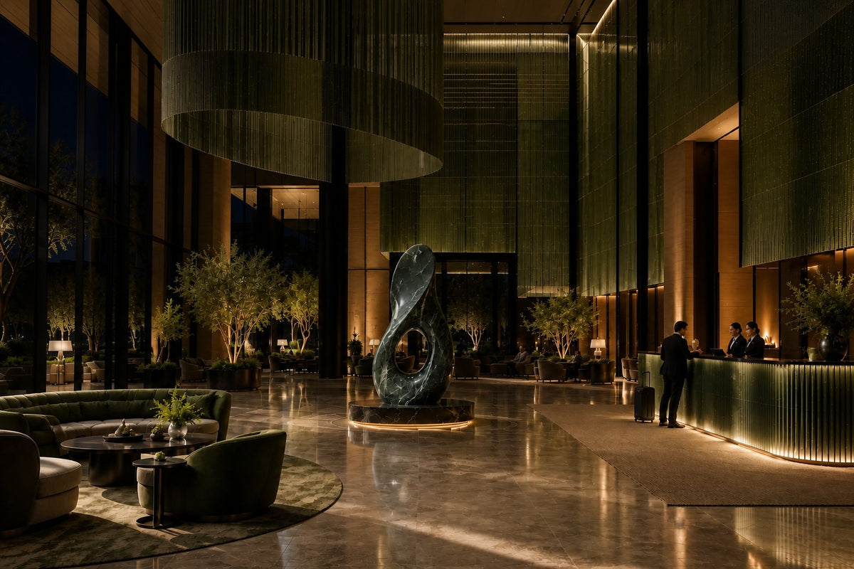 VOID II — 180 cm green marble teardrop sculpture with a twist and an oval hole, the same room at night, lamps on