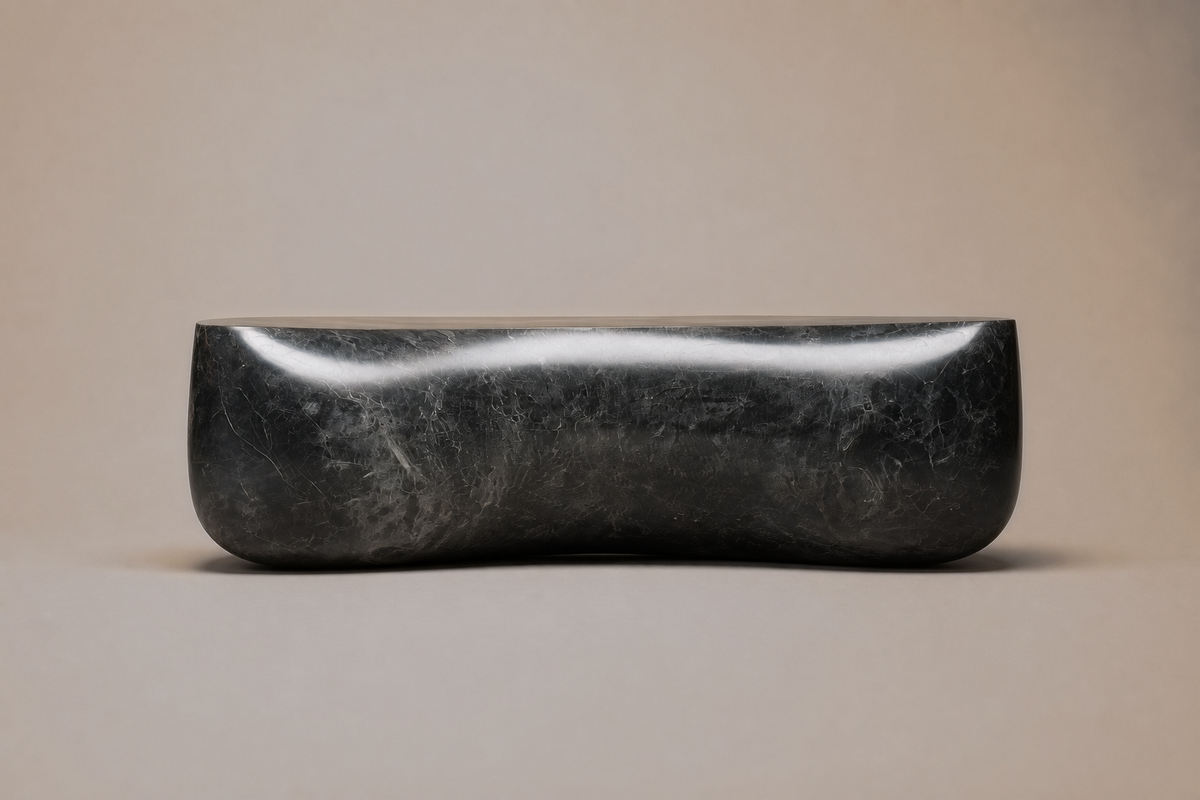 Convex Pillow Base Curved black marble plinth base by 1-OPH, side elevation