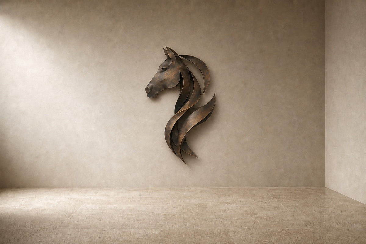 Corcel — 80 × 130 cm bronze wall sculpture of a horse's head with a flowing mane, studio view of the whole piece