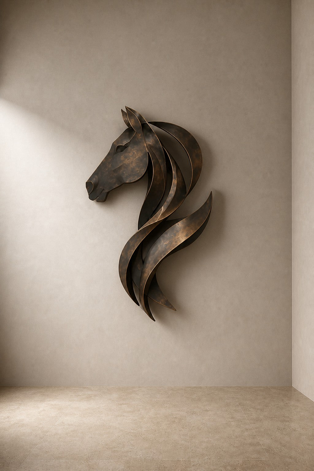 Corcel — 80 × 130 cm bronze wall sculpture of a horse's head with a flowing mane, three-quarter studio view showing its profile
