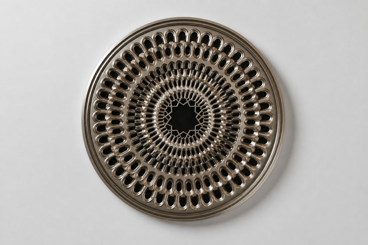 Corola — pierced stainless steel petal ring wall relief, studio front view