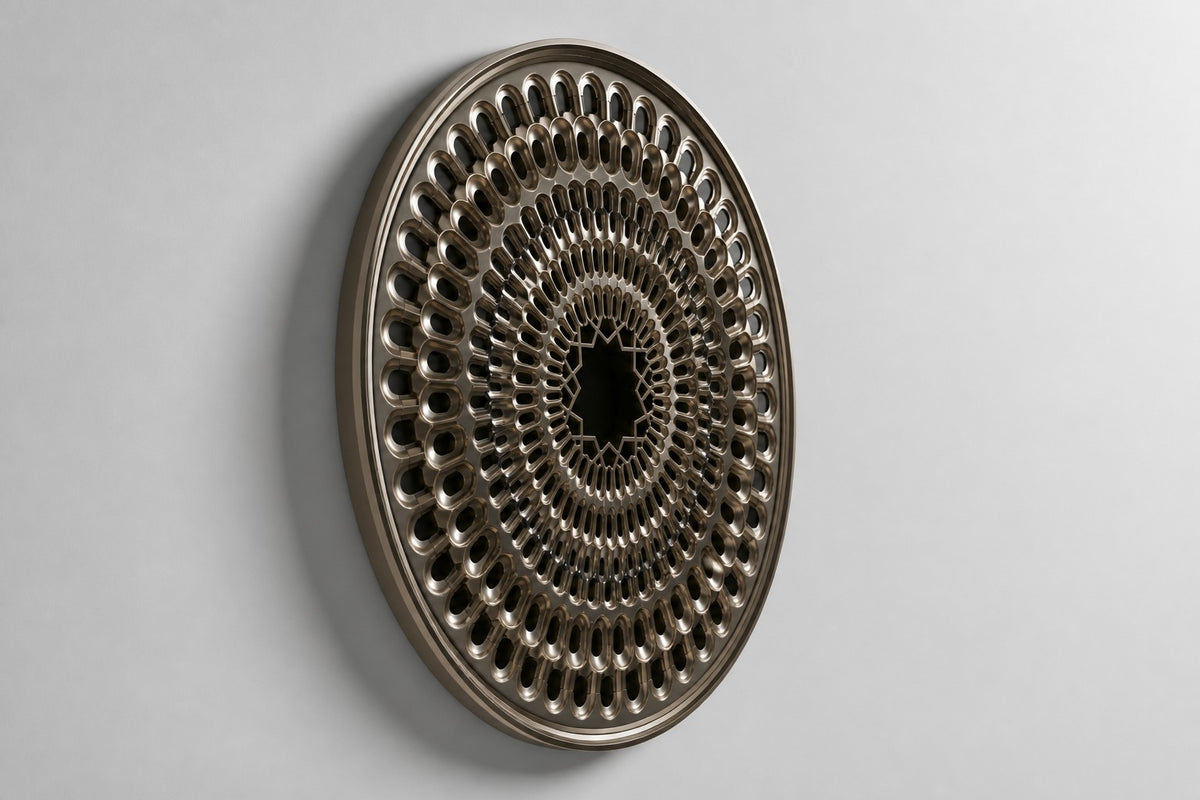 Corola — pierced stainless steel petal ring wall relief, studio side angle showing its depth