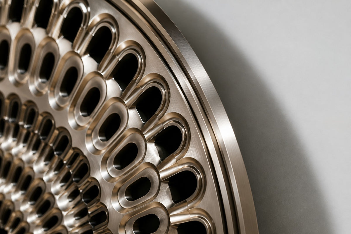 Corola — pierced stainless steel petal ring wall relief, close detail of the surface and edge