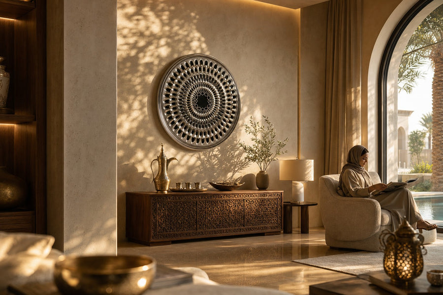 Corola — pierced stainless steel petal ring wall relief, installed on the wall of a furnished room