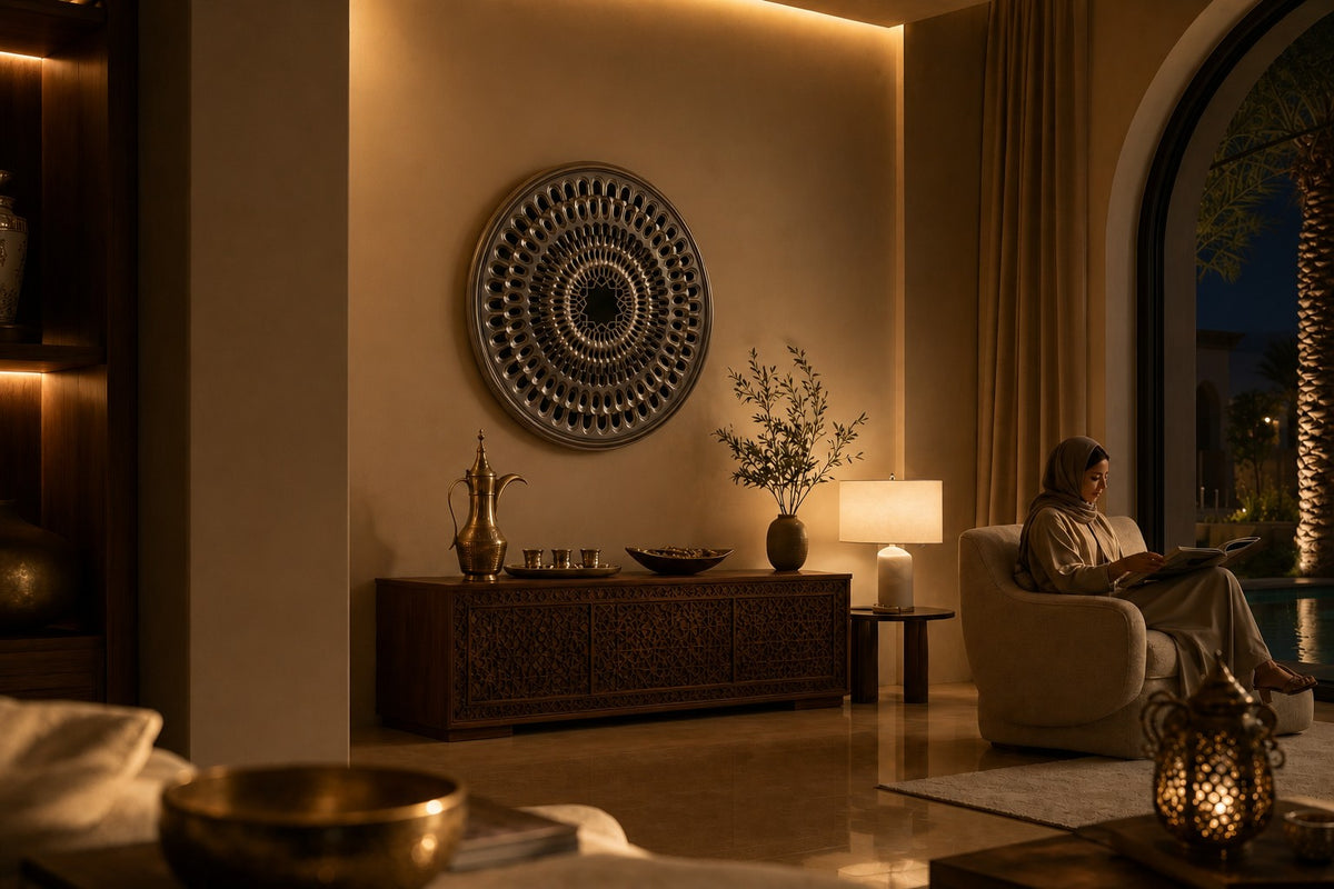Corola — pierced stainless steel petal ring wall relief, the same room at night, lamps on