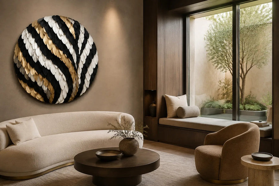 Corona — 130 × 130 cm round wall sculpture of black, white and gold plates in curving stripes, placed in a furnished room