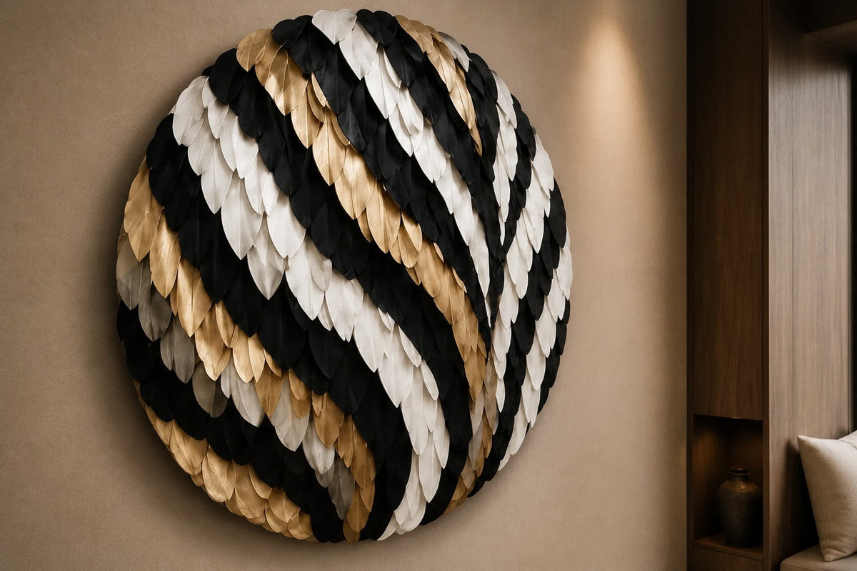 Corona — 130 × 130 cm round wall sculpture of black, white and gold plates in curving stripes, close view in the room