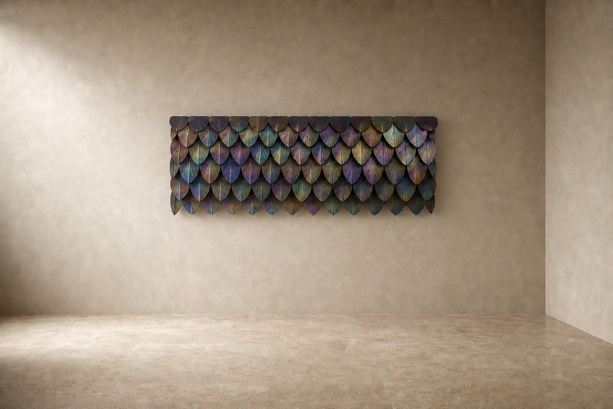 Corteza — 200 × 80 cm long wall panel of iridescent patinated bronze scales, studio view of the whole piece