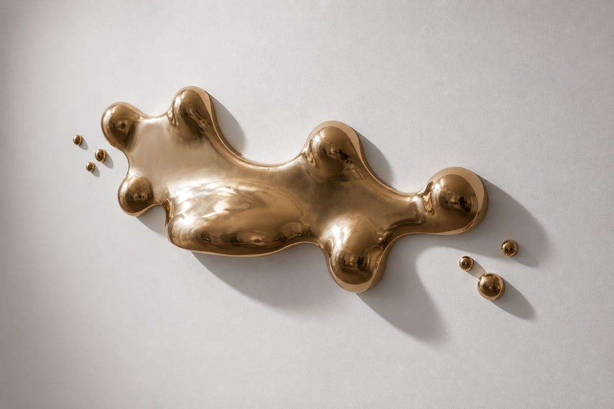 Crisol — polished champagne bronze molten pool wall sculpture, studio side angle showing its depth