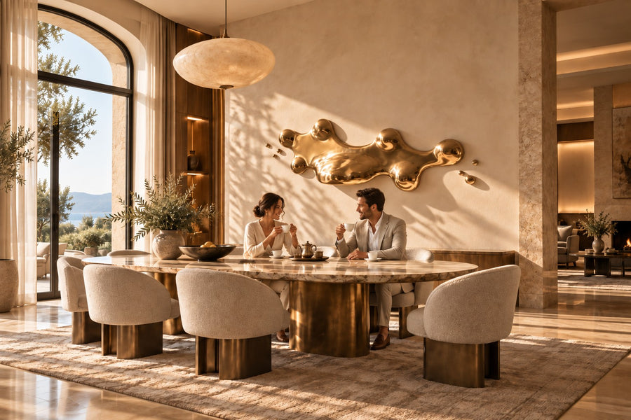 Crisol — polished champagne bronze molten pool wall sculpture, installed on the wall of a furnished room