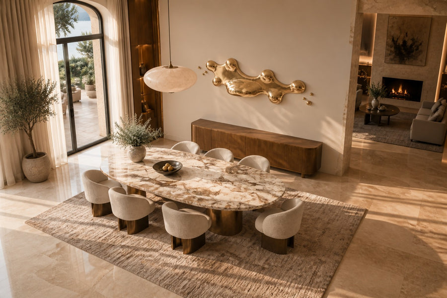 Crisol — polished champagne bronze molten pool wall sculpture, seen from above in the room