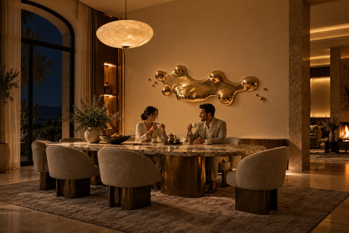 Crisol — polished champagne bronze molten pool wall sculpture, the same room at night, lamps on