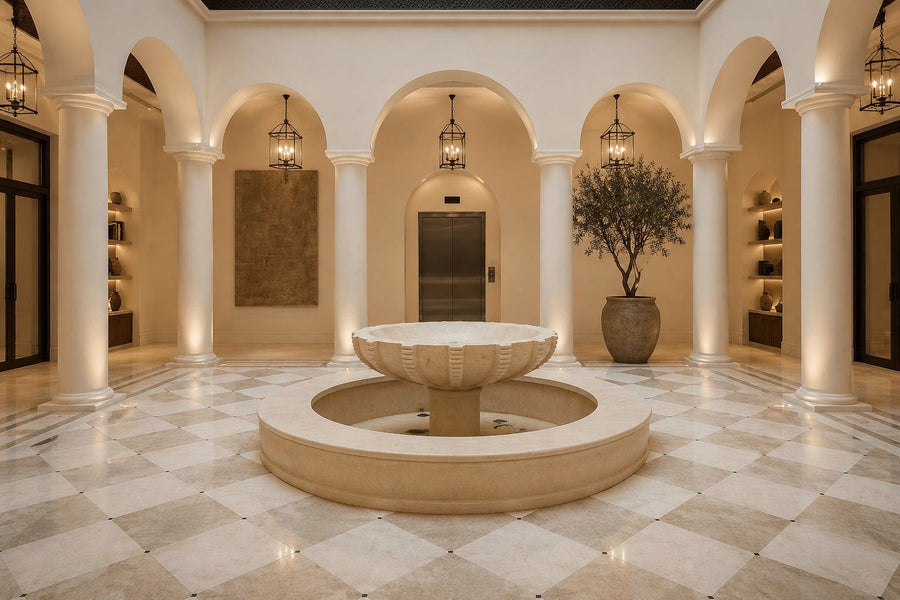 The Courtyard Trio, beige marble fountains