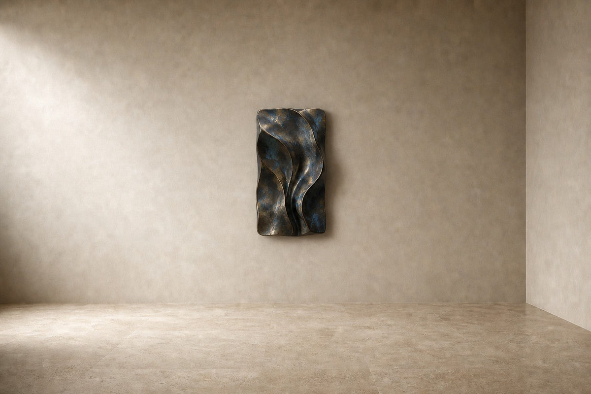 Cuna — 90 × 130 cm dark bronze wall panel of rippled, molten texture, studio view of the whole piece