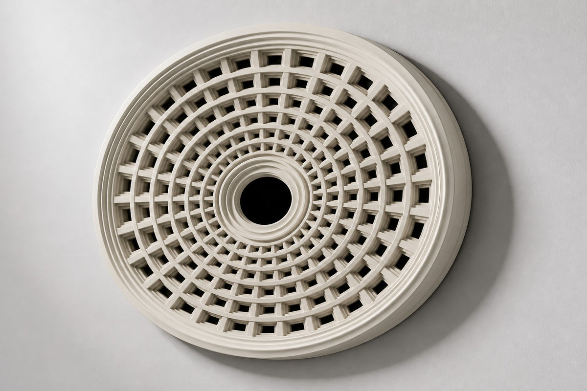 Cupola — ivory oval wall relief of a coffered dome, studio side angle showing its depth