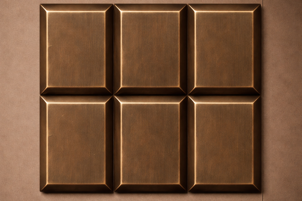 Tall antique bronze column built as a grid of raised cushioned panels — close detail of the surface