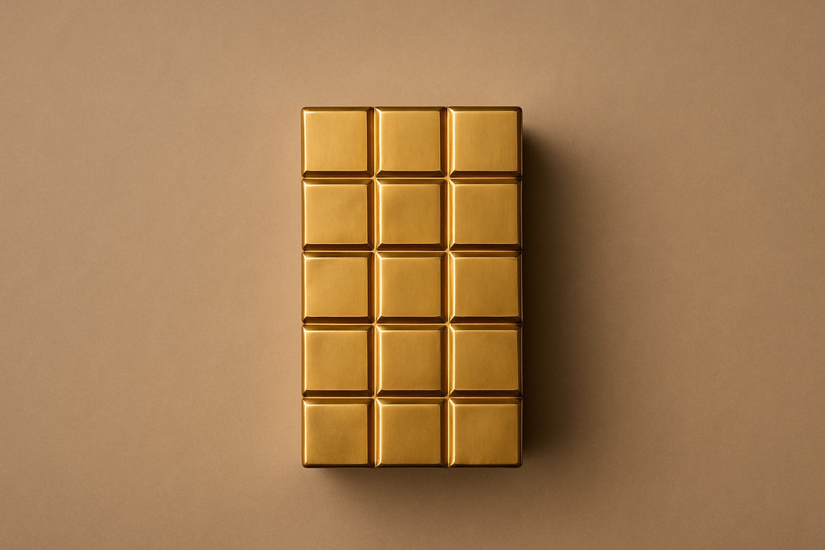 Tall polished brass column built as a grid of raised cushioned panels — viewed from directly above