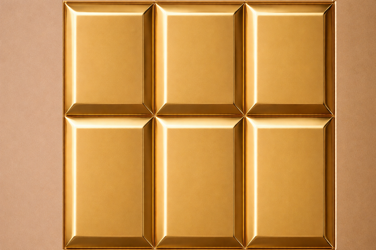 Tall polished brass column built as a grid of raised cushioned panels — close detail of the surface