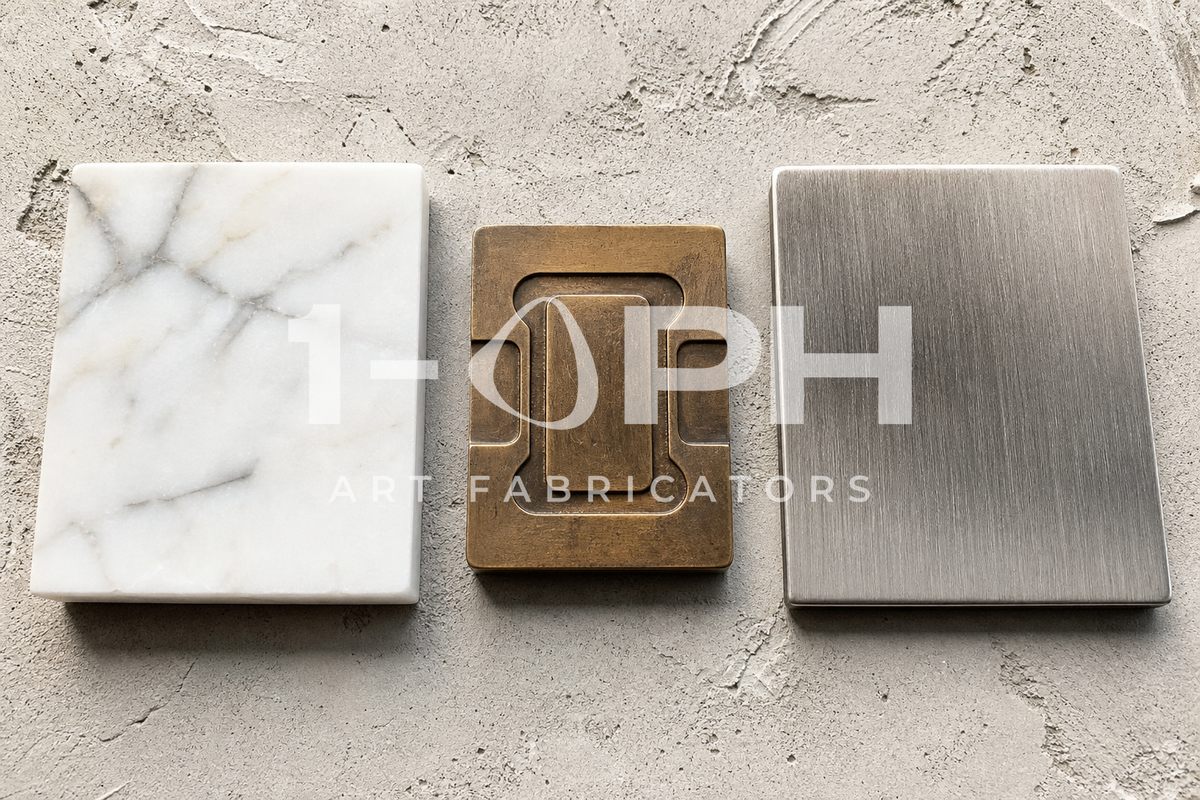 Marble, bronze and stainless steel material samples laid out for a project