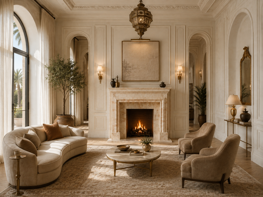 Dafa fireplace, shown in a room setting