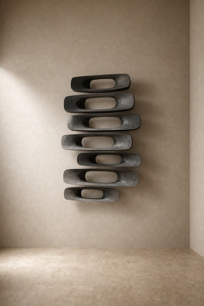 Gunmetal with bright edges bronze wall sculpture Scalino, graduated blades stepped across a concealed spine, on a plaster wall.