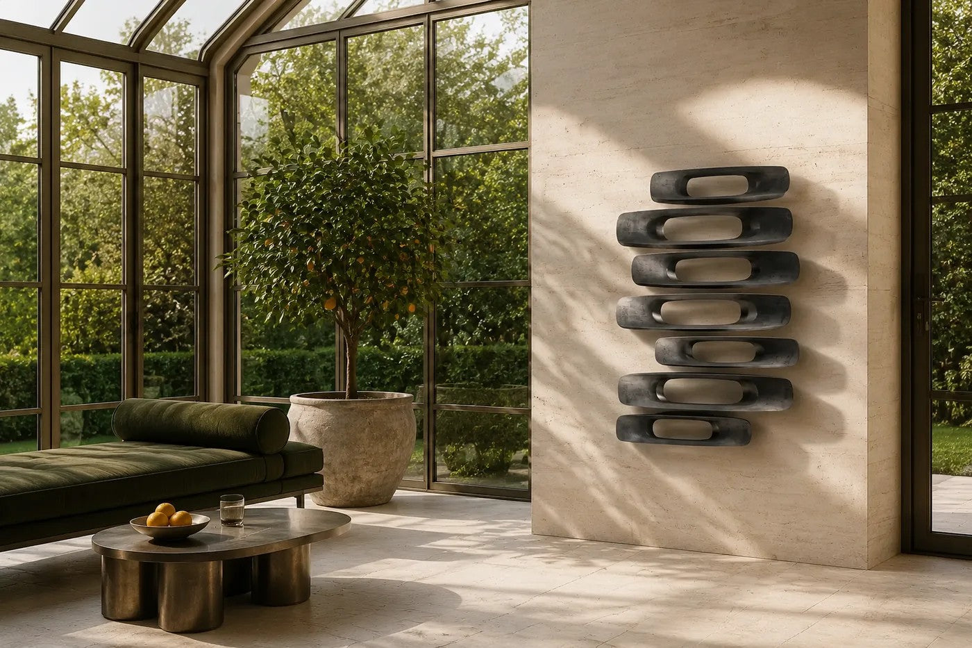 Gunmetal with bright edges bronze wall sculpture Scalino, graduated blades stepped across a concealed spine, on a plaster wall.