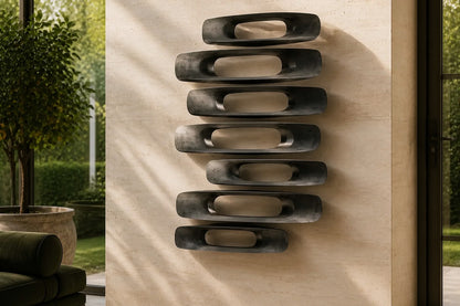 Gunmetal with bright edges bronze wall sculpture Scalino, graduated blades stepped across a concealed spine, on a plaster wall.